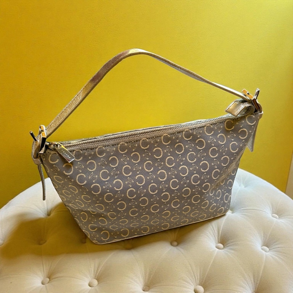 Celine Grayish Blue Canvas and Silver Leather/Hardware Monogram Shoulder Bag